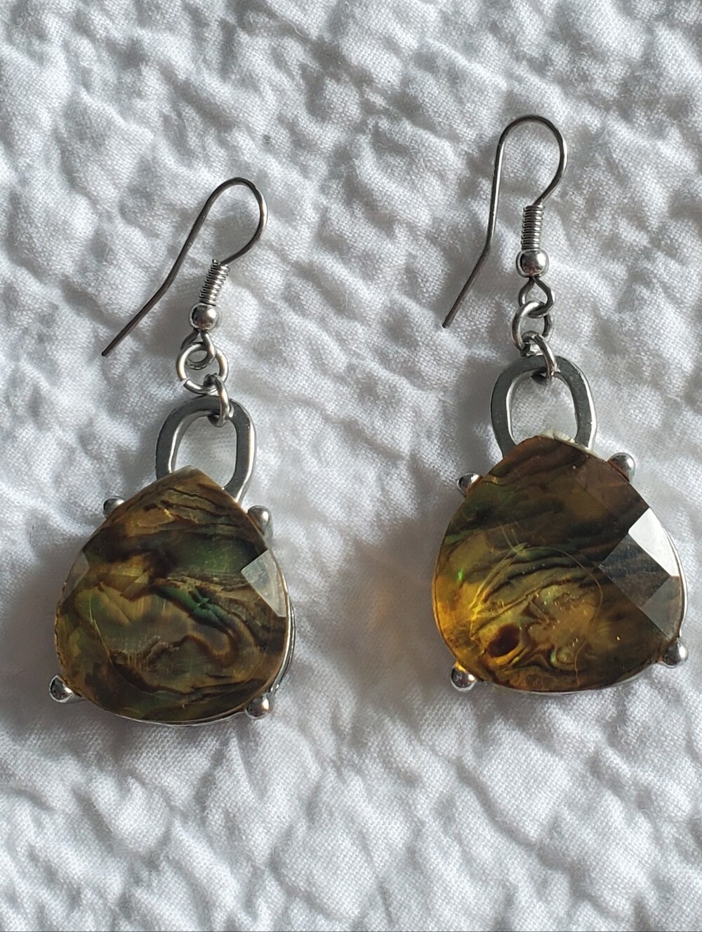 Silver Drop Earrings with Iridescent Amber-Green Yellow Stones